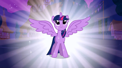 Size: 1280x720 | Tagged: safe, edit, edited screencap, editor:incredibubbleirishguy, screencap, twilight sparkle, alicorn, pony, g4, magical mystery cure, beautiful, eyes open, large wings, ponyville, solo, spread wings, twilight sparkle (alicorn), wings