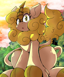 Size: 827x998 | Tagged: safe, artist:malachimoet, oc, oc only, kirin, cloven hooves, female, forest, kirin oc, looking at you, open mouth, scenery, sitting, solo, sunset