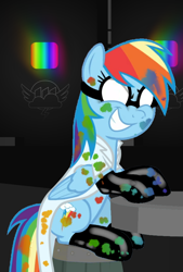 Size: 576x850 | Tagged: safe, artist:lt-fleur, edit, edited screencap, editor:oathcharm, screencap, rainbow dash, pegasus, pony, fanfic:rainbow factory, a trivial pursuit, g4, barrel, clothes, creepypasta, cropped, evil, evil rainbow dash, evil smile, factory, fanfic art, female, folded wings, gloves, goggles, grin, lab coat, latex, latex gloves, latex socks, liquid rainbow, mare, rainbow, rainbow dash is best facemaker, rainbow factory dash, rainbow factory logo, sitting, smiling, socks, solo, spectra, splatter, table, teeth, wings