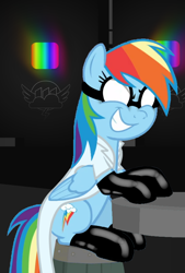 Size: 576x850 | Tagged: safe, alternate version, artist:lt-fleur, edit, edited screencap, editor:oathcharm, screencap, rainbow dash, pegasus, pony, fanfic:rainbow factory, a trivial pursuit, g4, barrel, clothes, creepypasta, cropped, evil, evil grin, evil rainbow dash, factory, fanfic art, female, folded wings, gloves, goggles, grin, lab coat, latex, latex gloves, latex socks, mare, rainbow, rainbow dash is best facemaker, rainbow factory dash, rainbow factory logo, sitting, smiling, socks, solo, table, teeth, wings