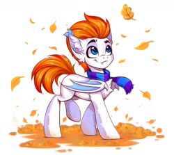 Size: 1600x1424 | Tagged: safe, artist:falafeljake, oc, oc only, oc:thenan, bat pony, pony, bat pony oc, bat wings, chest fluff, clothes, commission, ear fluff, eyebrows, falling leaves, fangs, leaves, looking up, male, raised leg, scarf, signature, simple background, smiling, solo, stallion, striped scarf, white background, wings