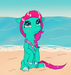 Size: 2100x2200 | Tagged: safe, alternate version, artist:php176, jazz hooves, earth pony, pony, g5, beach, cute, fake ears, female, filter, freckles, high res, hoof polish, looking up, mare, sand, sash, sitting, smiling, solo