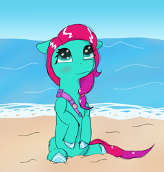 Size: 2100x2200 | Tagged: safe, alternate version, artist:php176, jazz hooves, earth pony, pony, g5, beach, cute, fake ears, female, freckles, high res, hoof polish, looking up, mare, sand, sash, sitting, smiling, solo