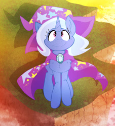Size: 851x939 | Tagged: safe, artist:malachimoet, trixie, pony, unicorn, g4, cape, cliff, clothes, cute, diatrixes, female, hat, looking up, mare, solo, sunset, trixie's brooch, trixie's cape, trixie's hat
