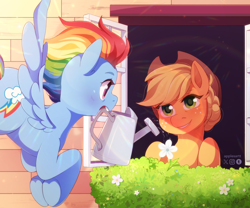 Size: 2048x1700 | Tagged: safe, artist:applesartt, applejack, rainbow dash, earth pony, pegasus, pony, g4, the last problem, alternate hairstyle, applejack's hat, blushing, bush, colored eyebrows, colored eyelashes, cowboy hat, crepuscular rays, duo, duo female, ear fluff, eye contact, eye wrinkles, eyebrows, female, flower, flying, freckles, grin, hair bun, hat, house, lesbian, looking at each other, looking at someone, mare, mouth hold, older, older appledash, older applejack, older rainbow dash, open mouth, outdoors, ship:appledash, shipping, signature, smiling, spread wings, sunlight, sunshine, underhoof, water, watering, watering can, watermark, window, wings
