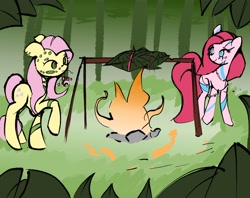 Size: 3663x2898 | Tagged: safe, artist:solid shrimp, fluttershy, pinkie pie, earth pony, pegasus, pony, g4, alternate hairstyle, alternate timeline, campfire, chrysalis resistance timeline, cooking, duo, female, herbivore, high res, leaves, mare, pinkamena diane pie, pinktober, tribal pie, tribalshy
