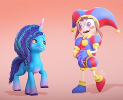 Size: 1324x1080 | Tagged: safe, artist:makaryo, misty brightdawn, humanoid, pony, unicorn, g5, 3d, animate object, crossover, doll, duo, duo female, female, hat, jester, jester hat, jester outfit, living doll, looking at each other, looking at someone, mare, open mouth, open smile, pomni, smiling, smiling at each other, the amazing digital circus, toy