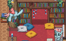 Size: 1326x833 | Tagged: safe, edit, editor:adamleisemann, ocellus, changedling, changeling, dullahan, pony, pony town, g4, book, bookshelf, couch, cute, cuteling, detachable head, detached head, diaocelles, disembodied head, female, grimcute, headless, library, modular, pillow, pixel art, solo, spooky
