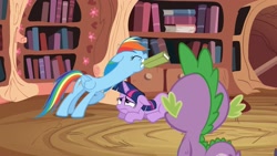 Size: 1920x1080 | Tagged: safe, screencap, rainbow dash, spike, twilight sparkle, dragon, pegasus, pony, unicorn, g4, read it and weep, season 2, book, bookshelf, context is for the weak, female, golden oaks library, long neck, mare