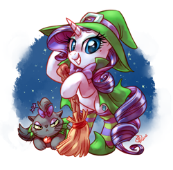 Size: 2950x2900 | Tagged: safe, artist:whitediamonds, opalescence, rarity, cat, pony, unicorn, g4, beauty mark, bipedal, broom, clothes, costume, duo, female, grin, hat, high res, horn, looking at you, mare, nightmare night, nightmare night costume, signature, smiling, smiling at you, socks, striped socks, witch