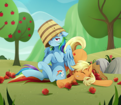 Size: 2048x1770 | Tagged: safe, artist:applesartt, applejack, rainbow dash, earth pony, pegasus, pony, g1, g4, my little pony 'n friends, rescue at midnight castle, apple, apple tree, applejack's hat, belly, bucket, cowboy hat, cute, dashabetes, duo, duo female, eyebrows, eyes closed, female, floppy ears, flower, food, freckles, grass, grin, hat, jackabetes, lesbian, mare, outdoors, partially open wings, rainbow dash is not amused, ship:appledash, shipping, signature, sitting, smiling, tree, unamused, underhoof, wings
