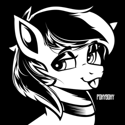 Size: 2400x2400 | Tagged: safe, artist:poxy_boxy, oc, oc only, earth pony, pony, black background, bust, choker, commission, high res, lidded eyes, signature, simple background, solo, tongue out