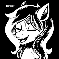 Size: 2400x2400 | Tagged: safe, artist:poxy_boxy, oc, oc only, earth pony, pony, black background, bust, commission, eyes closed, high res, open mouth, open smile, signature, simple background, smiling, solo
