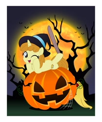 Size: 1716x2048 | Tagged: safe, alternate version, artist:jhayarr23, pumpkin cake, pony, unicorn, g4, broom, cute, female, filly pumpkin cake, halloween, hat, holiday, mare, moon, older, older pumpkin cake, pumpkin, pumpkinbetes, solo, spider web, witch hat