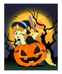 Size: 1716x2048 | Tagged: safe, alternate version, artist:jhayarr23, pumpkin cake, pony, unicorn, g4, broom, cape, clothes, costume, cute, female, filly pumpkin cake, halloween, halloween costume, hat, holiday, mare, moon, older, older pumpkin cake, one eye closed, pumpkin, pumpkinbetes, solo, spider web, wink, witch costume, witch hat