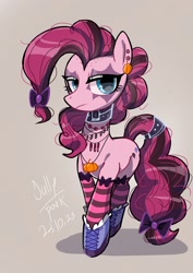 Size: 1240x1754 | Tagged: safe, artist:jully-park, gameloft, pinkie pie, earth pony, pony, g4, my little pony: magic princess, bow, choker, clothes, ear piercing, earring, edgy pinkie pie, emo, female, frown, gameloft interpretation, gothic pinkie, hair bow, jewelry, mare, necklace, piercing, pinkie pie is not amused, pumpkin, shoes, simple background, socks, striped socks, unamused