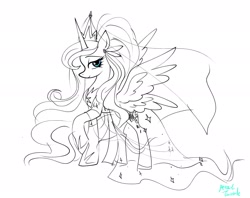 Size: 2048x1623 | Tagged: safe, artist:petaltwinkle, princess luna, alicorn, pony, g4, black and white, clothes, dress, female, grayscale, lidded eyes, looking at you, mare, monochrome, partial color, simple background, smiling, smiling at you, solo, spread wings, white background, wings, wip