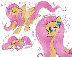 Size: 1024x811 | Tagged: safe, artist:petaltwinkle, fluttershy, butterfly, pegasus, pony, g4, butterfly on nose, cute, ears back, eyes closed, floppy ears, folded wings, heart, heart eyes, insect on nose, lying down, music notes, prone, shyabetes, signature, simple background, sleeping, solo, sparkles, spread wings, white background, wingding eyes, wings
