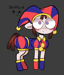 Size: 1305x1518 | Tagged: safe, artist:sillyhorse, earth pony, pony, blush sticker, blushing, clothes, full body, gloves, hat, jester, jester hat, jester outfit, pomni, ponified, ponmi, small mare, solo, the amazing digital circus