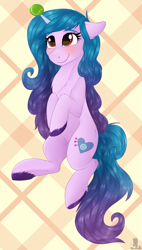 Size: 2581x4553 | Tagged: safe, artist:monsoonvisionz, izzy moonbow, pony, unicorn, g5, abstract background, ball, blushing, chest fluff, female, floppy ears, high res, horn, horn guard, horn impalement, hornball, izzy's tennis ball, mare, simple background, smiling, solo, sternocleidomastoid, tennis ball, unshorn fetlocks