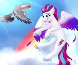 Size: 3000x2500 | Tagged: safe, artist:monsoonvisionz, zipp storm, bird, falcon, pegasus, peregrine falcon, pony, g5, blushing, feather, flying, happy, high res, rainbow, smiling, spread wings, sternocleidomastoid, unshorn fetlocks, wings