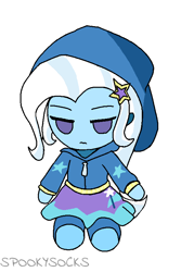 Size: 512x768 | Tagged: safe, artist:spookysocks, derpibooru exclusive, trixie, human, equestria girls, g4, 3:, clothes, eyebrows, female, frown, fumo, hairpin, plushification, signature, simple background, skirt, solo, star hairpin, touhou, white background