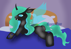 Size: 2487x1710 | Tagged: safe, artist:cookie-ruby, oc, oc only, changeling, alternate universe, bed, butt, changeling oc, digital art, fangs, next generation, on bed, plot