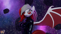 Size: 3800x2138 | Tagged: safe, artist:riizatensely, oc, oc:vishera, bat pony, anthro, plantigrade anthro, 3d, anthro oc, bat pony oc, bat wings, clothes, high res, latex, latex suit, red eyes, skintight clothes, space, wings