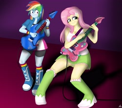 Size: 3693x3271 | Tagged: safe, artist:lennondash, fluttershy, rainbow dash, butterfly, human, equestria girls, g4, boots, breasts, busty fluttershy, cleavage, clothes, compression shorts, duo, duo female, electric guitar, eyeshadow, female, grin, guitar, guitar pick, hairclip, high res, jacket, lidded eyes, looking at someone, makeup, musical instrument, shadow, shirt, shoes, simple background, skirt, sleeveless, smiling, surprised, tank top, teenager, wide eyes, wristband