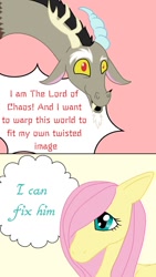 Size: 720x1280 | Tagged: safe, artist:craftywolf, discord, fluttershy, draconequus, pegasus, pony, g4, keep calm and flutter on, #cringetober, #cringetober2023, antlers, comic, cringetober, cringetober2023, female, hoers, i can fix him, male, mare, pink background, reformation, reformed, simple background, thought bubble, yellow background