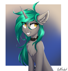 Size: 1025x1069 | Tagged: safe, artist:cmdrtempest, oc, oc only, oc:soft spring, pony, unicorn, chest fluff, collar, cute, looking at each other, looking at someone, simple background, smiling, solo