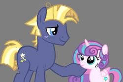 Size: 875x585 | Tagged: safe, artist:star polaris and friends, derpibooru exclusive, princess flurry heart, star tracker, alicorn, earth pony, pony, g4, base used, cute, duo, female, filly, flurrybetes, foal, gray background, hoof on chin, male, older, older flurry heart, older star tracker, simple background, stallion, trackerbetes, uncle and niece, zeppelin children