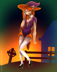 Size: 1850x2320 | Tagged: safe, artist:endelthepegasus, oc, oc:flappy smile, pegasus, anthro, plantigrade anthro, breasts, clothes, costume, female, halloween, halloween costume, hat, holiday, looking at you, shoes, socks, solo, thigh highs, witch hat