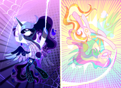 Size: 7459x5400 | Tagged: safe, artist:mariakarpova123, princess celestia, princess luna, oc, oc only, alicorn, pony, g4, absurd resolution, alternate hairstyle, clothes, duo, female, hoodie, mare, marvel, mask, royal sisters, siblings, sisters, spider web, spider-man, spider-man: across the spider-verse, spider-sona, swinging, upside down