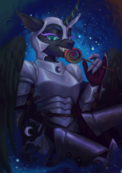 Size: 3508x4961 | Tagged: source needed, safe, artist:helemaranth, nightmare moon, unicorn, anthro, g4, armor, candy, curved horn, ear tufts, food, horn, lollipop, solo