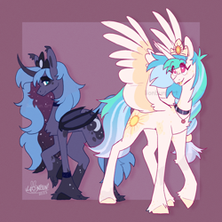 Size: 2000x2000 | Tagged: safe, artist:lionbun, princess celestia, princess luna, alicorn, bat pony, bat pony alicorn, pony, g4, bat wings, black eyeshadow, bracelet, braid, chest fluff, choker, closed mouth, coat markings, collar, colored horn, colored wings, crown, curved horn, ear tufts, elbow fluff, eyeshadow, female, folded wings, gradient mane, gradient tail, heart, heart eyes, high res, horn, jewelry, lidded eyes, looking up, makeup, mare, multicolored wings, necklace, necklate, open mouth, princess, redesign, regalia, royal sisters, siblings, sisters, sketch, smiling, socks (coat markings), sparkly mane, spread wings, tail, tiara, unshorn fetlocks, wingding eyes, wings