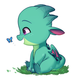 Size: 1305x1408 | Tagged: safe, artist:maren, sparky sparkeroni, butterfly, dragon, g5, baby, baby dragon, cute, male, simple background, sparkybetes, white background