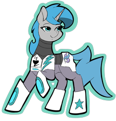 Size: 3359x3501 | Tagged: safe, artist:thechimerasden, oc, oc only, oc:tango starfall, pony, unicorn, armor, blue hair, blue tail, concave belly, female, gray coat, high res, horn, mare, power armor, science fiction, simple background, smiling, solo, tail, transparent background