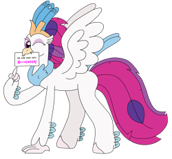 Size: 2650x2448 | Tagged: safe, artist:supahdonarudo, queen novo, classical hippogriff, hippogriff, g4, my little pony: the movie, high res, holding, looking at you, mouth hold, one eye closed, pointing, sign, simple background, text, transparent background, wink, winking at you