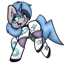 Size: 1200x1200 | Tagged: safe, artist:moonbeam designs, oc, oc only, oc:tango starfall, pony, unicorn, armor, armored pony, blue hair, blue tail, horn, power armor, science fiction, simple background, smiling, solo, tail, transparent background, trotting, walking