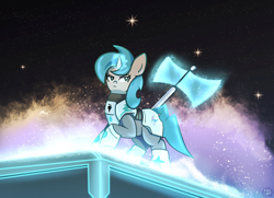 Size: 2648x1912 | Tagged: safe, artist:chaosmauser, oc, oc only, oc:tango starfall, pony, unicorn, armor, armored pony, axe, blue eyes, blue hair, blue tail, building, female, gray coat, horn, laser axe, mare, power armor, science fiction, solo, stars, tail, weapon