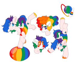Size: 6183x5142 | Tagged: safe, artist:crazysketch101, earth pony, pony, amputee, ball, clothes, clown, clown makeup, clown nose, contact lens, leotard, multicolored hair, rainbow hair, red nose, simple background, sparkly eyes, transparent background, unshorn fetlocks, wig, wingding eyes