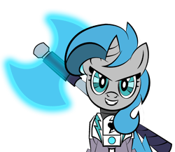 Size: 2218x1921 | Tagged: safe, artist:vareb, oc, oc only, oc:tango starfall, pony, unicorn, armor, armored pony, axe, blue eyes, blue mane, blue tail, female, laser axe, looking at you, mare, menacing, power armor, simple background, solo, tail, transparent background, weapon