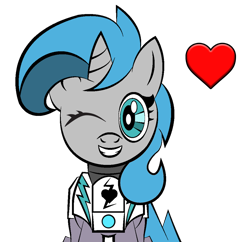 Size: 1772x1716 | Tagged: safe, artist:vareb, oc, oc only, oc:tango starfall, pony, unicorn, armor, armored pony, blue eyes, blue hair, blue mane, blue tail, female, flirting, heart, mare, one eye closed, power armor, simple background, smiling, solo, tail, transparent background, wink