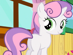 Size: 716x545 | Tagged: safe, screencap, sweetie belle, pony, unicorn, g4, butt, cute, diasweetes, female, filly, foal, happy, looking back, plot, smiling, solo, sweetie butt