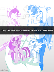 Size: 3024x4032 | Tagged: safe, artist:heartsick746, rainbow dash, twilight sparkle, oc, oc:anon, dinosaur, human, pterodactyl, pterosaur, triceratops, anthro, g4, anon (snoot game), christmas, claws, clothes, denim, elbow feathers, fang (goodbye volcano high), feathered wings, fingers, freckles, goodbye volcano high, halter top, high res, holiday, hoodie, indoors, jeans, leggings, long tail, monochrome, nonbinary, pants, present, short tail, signature, snoot, snoot game, tail, tail wag, toy, trish (goodbye volcano high), wings
