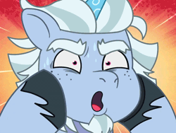 Size: 600x451 | Tagged: safe, screencap, alphabittle blossomforth, pony, unicorn, g5, my little pony: tell your tale, nightmare nightmarket, spoiler:g5, spoiler:my little pony: tell your tale, spoiler:tyts01e63, animated, cropped, freckles, gif, head shake, holding head, male, nervous, oh no, reaction image, solo, stallion, sweat, youtube link