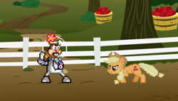 Size: 1018x580 | Tagged: safe, artist:jm6615478, applejack, earth pony, pony, squirrel, anthro, g4, anthro with ponies, duo, duo female, female, fight, nickelodeon, pixel art, sandy cheeks, spongebob squarepants, sprite