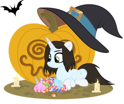 Size: 1280x1075 | Tagged: safe, artist:cindystarlight, oc, oc only, oc:blue light, pony, unicorn, candle, candy, female, food, halloween, hat, holiday, jack-o-lantern, lying down, mare, prone, pumpkin, simple background, smiling, solo, transparent background, witch hat