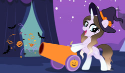 Size: 1164x686 | Tagged: safe, artist:cindystarlight, oc, oc only, oc:amelia snowmelody, pony, unicorn, female, hat, mare, open mouth, open smile, party cannon, smiling, solo, witch hat